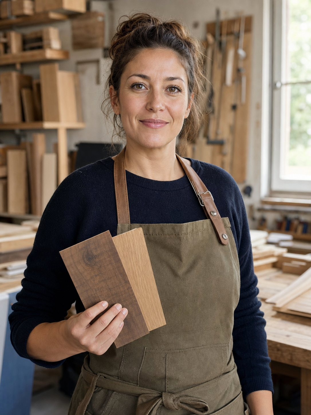 Portrait de Julie Meunier, gérante de Lambris Meunier, tenant des échantillons d'essences de bois dans son atelier