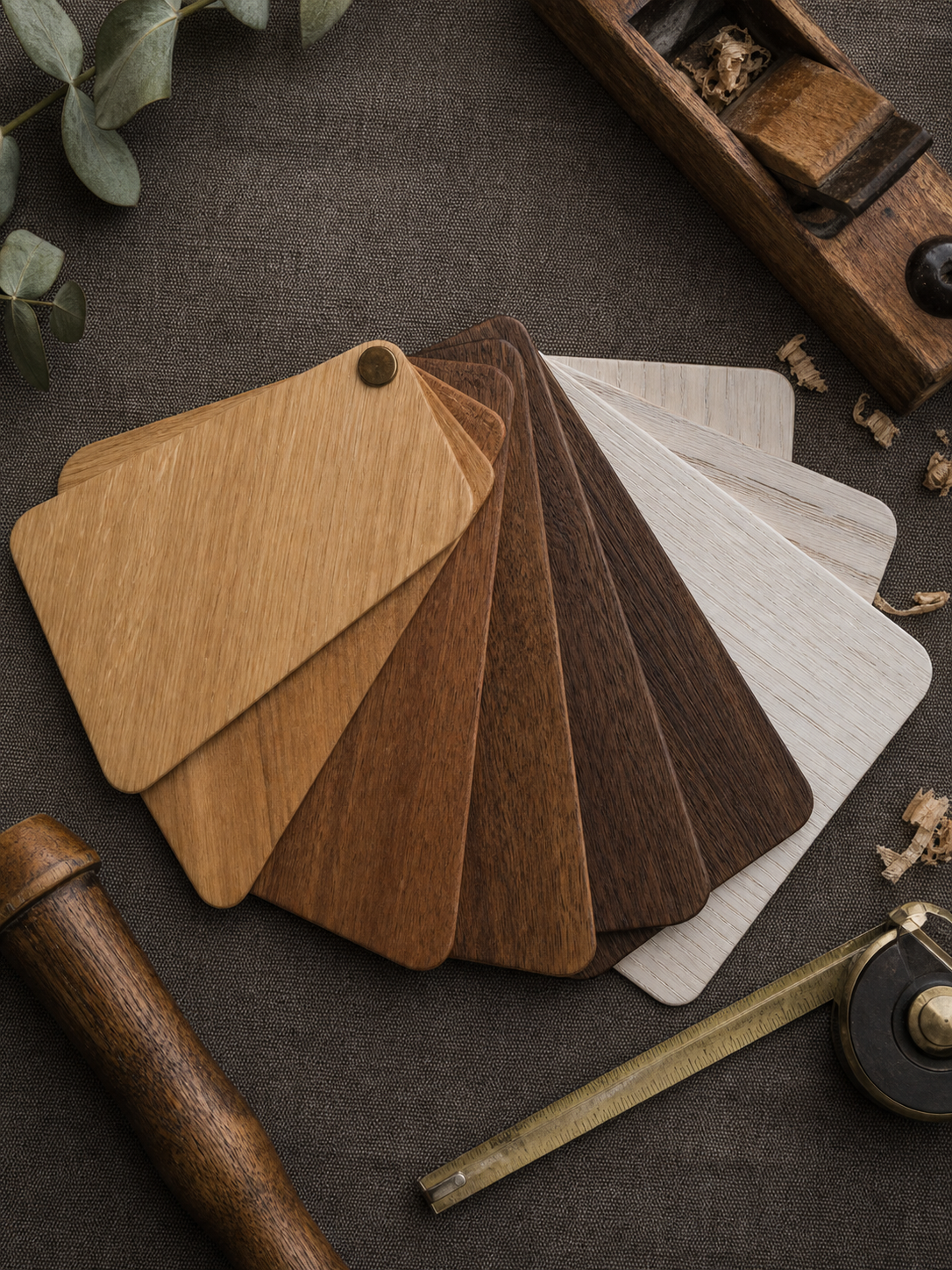 Planche d'échantillons de finitions bois pour lambris : chêne huilé, noyer teinté, bois blanchi