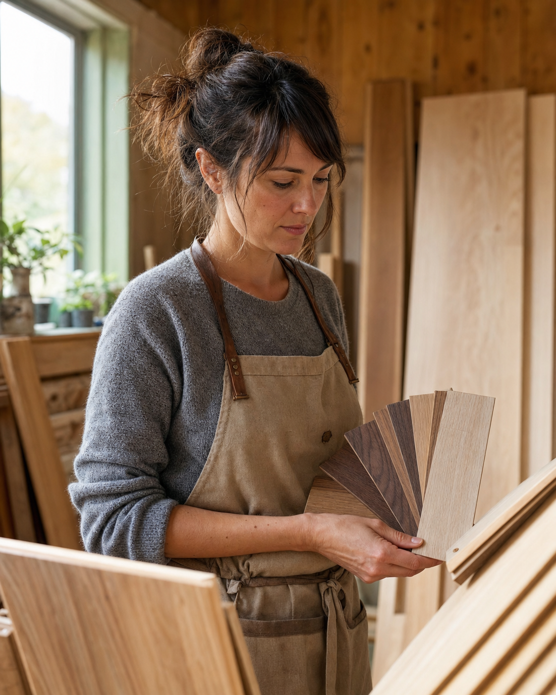 Julie Meunier examine des échantillons de lambris bois dans son atelier de Thionville, planches de bois massif en premier plan