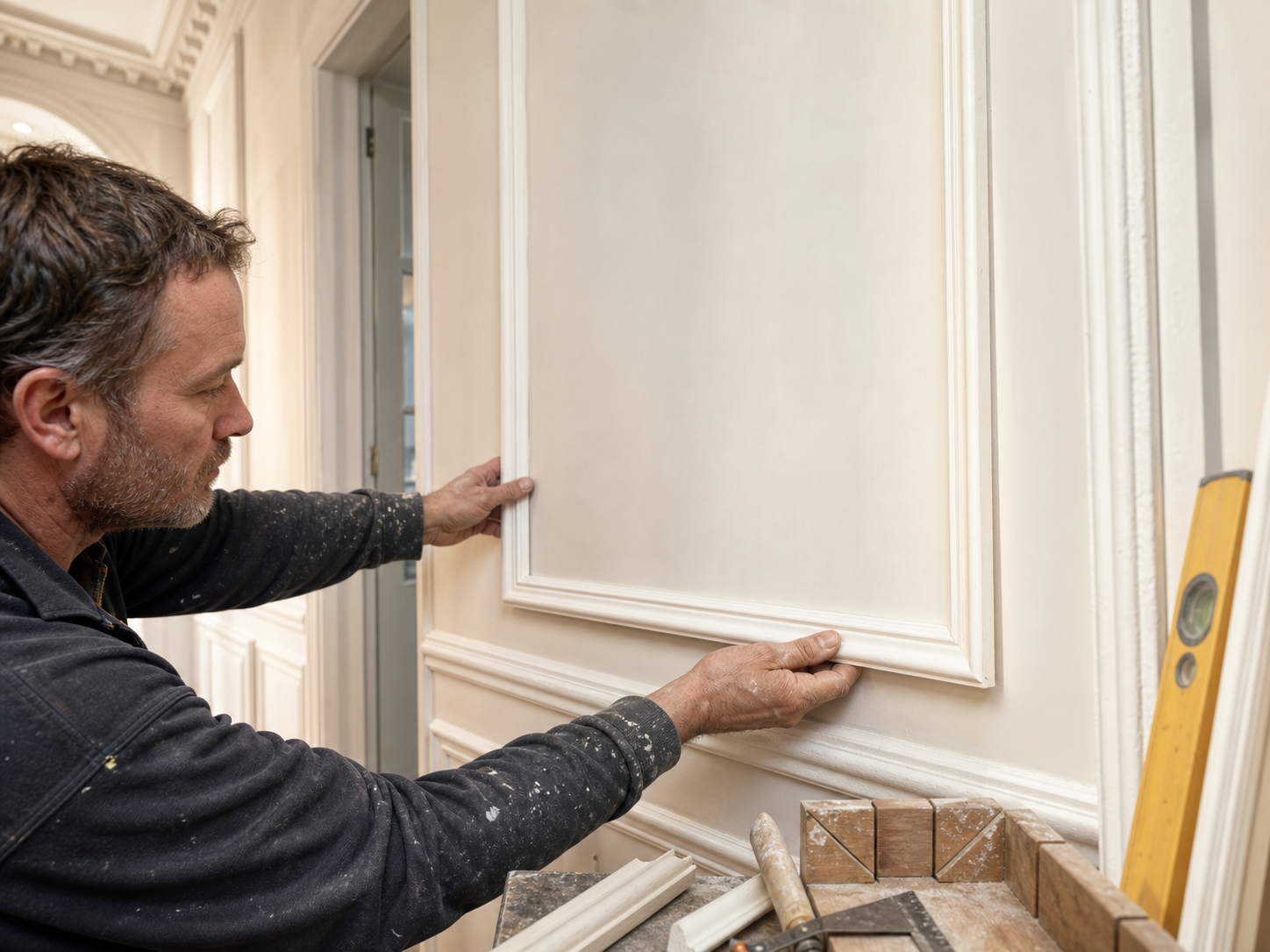 Pose de moulures et panneaux muraux décoratifs de style haussmannien dans un couloir d'appartement