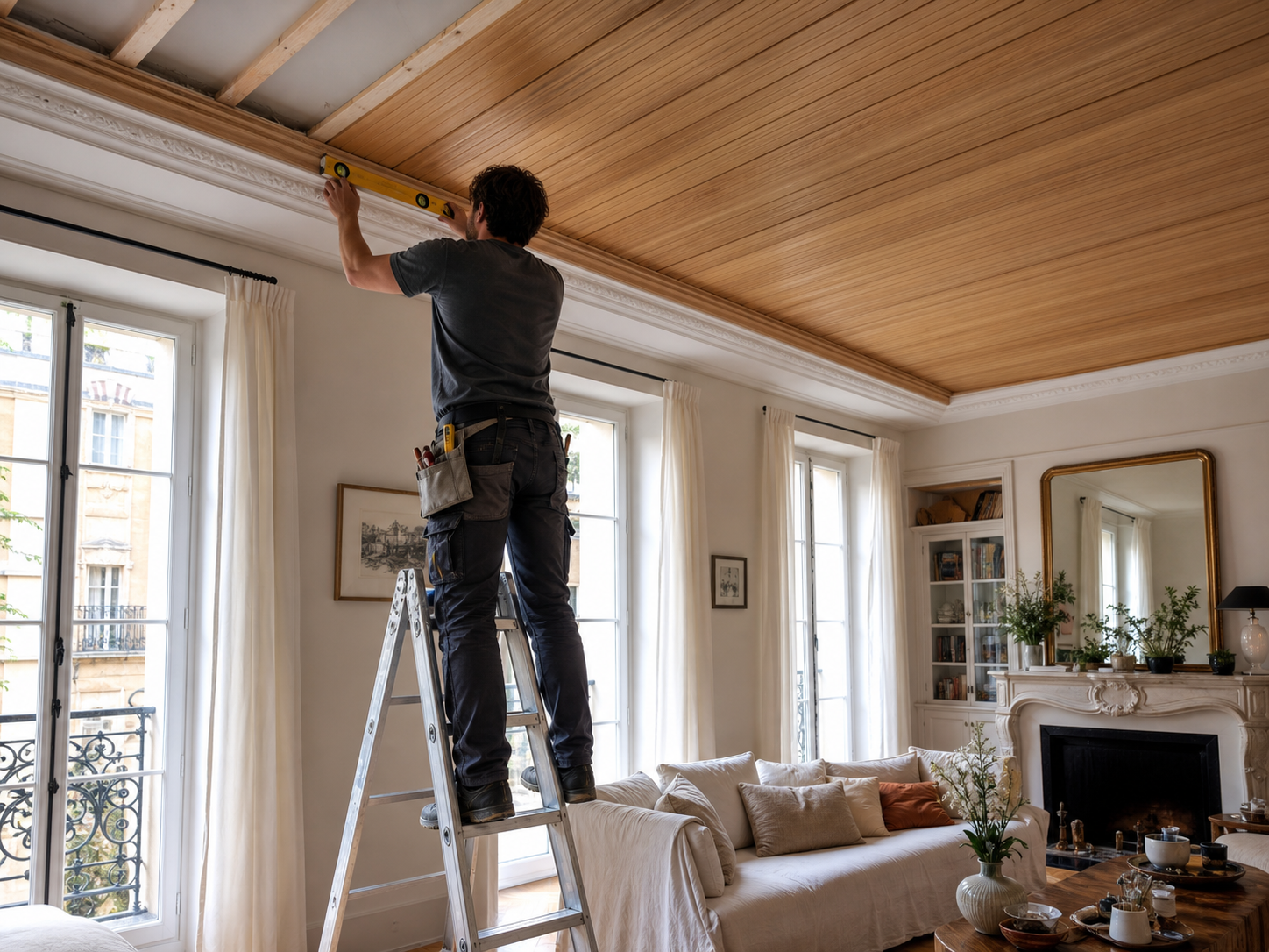 Ouvrier installant un plafond lambrissé en bois avec corniche décorative dans une pièce à vivre