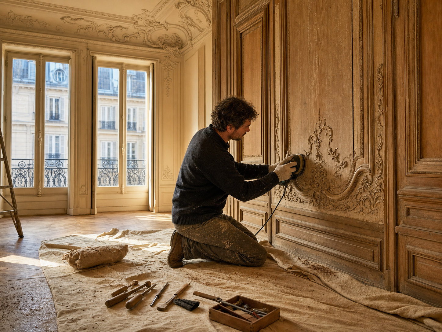 Artisan restaurant et ponçant une boiserie ancienne sculptée dans un appartement ancien
